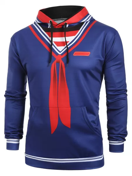 Faux Sailor Collar Striped Print Casual Kangaroo Pocket Hoodie
