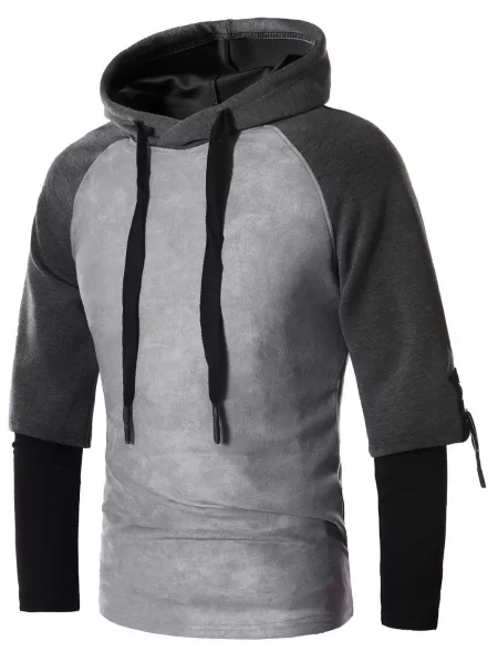 Faux Twinset Drawstring Suede Panel Pullover Hoodie