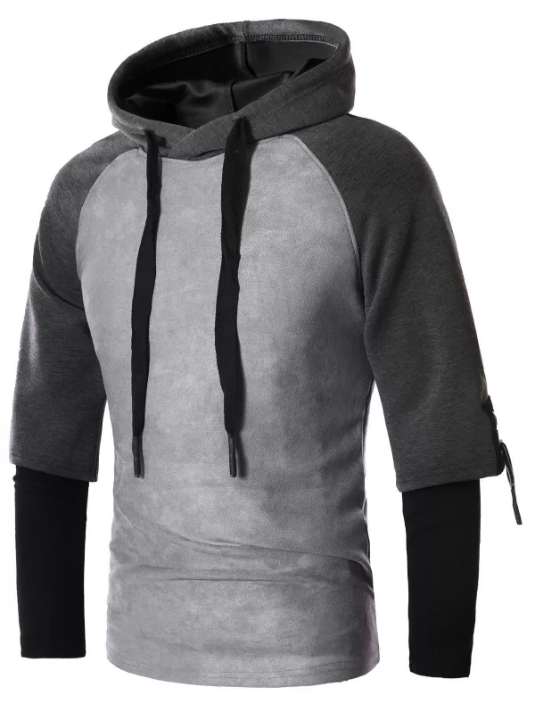 Faux Twinset Drawstring Suede Panel Pullover Hoodie