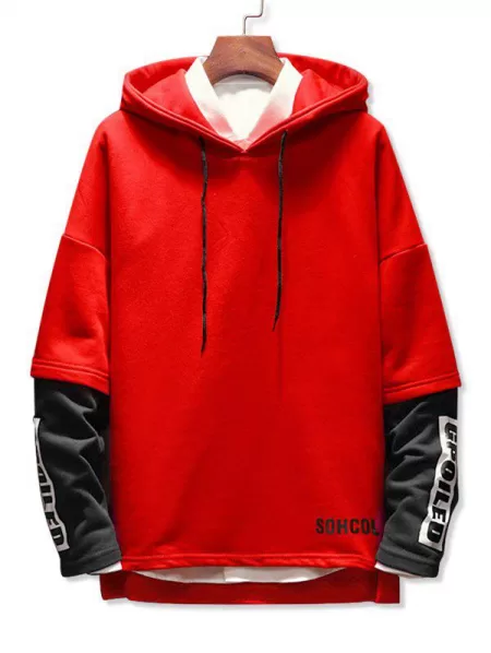 Faux Two Pieces Letter Printing Drawstring Hoodie