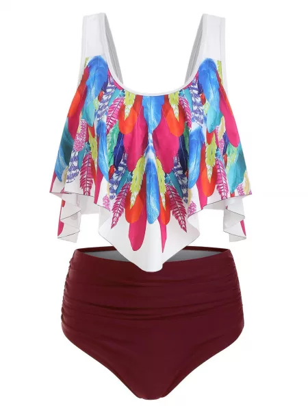 Feather Print Ruched Overlay Tankini Swimsuit