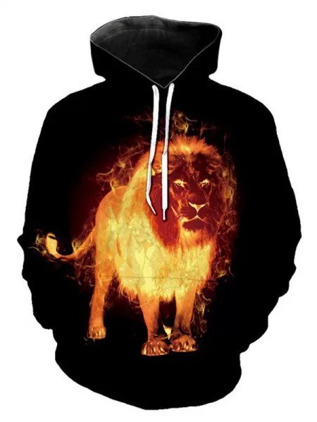 Fire Lion Print Kangaroo Pocket Hoodie