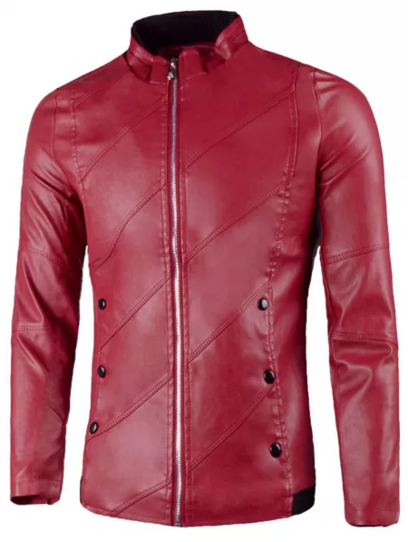 Flap Button Embellished Zip Up Faux Leather Jacket