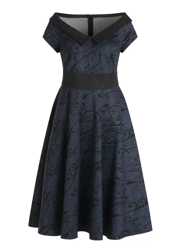 Flat Collar Plant Print Vintage Swing Dress