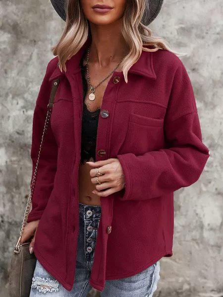 Fleece Drop Shoulder Pocket Button Up Jacket