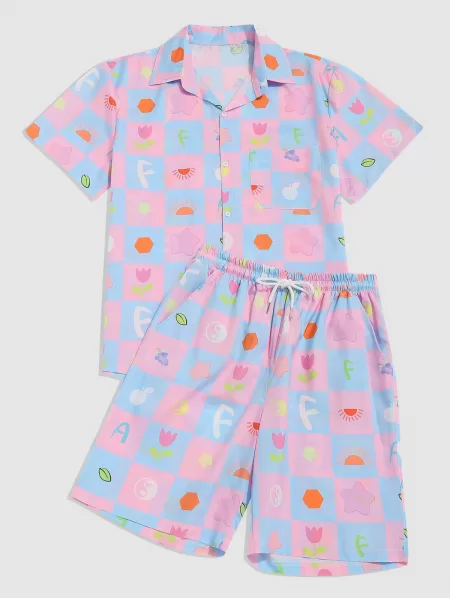 Floral Check Print Shirt And Shorts Two Piece Set