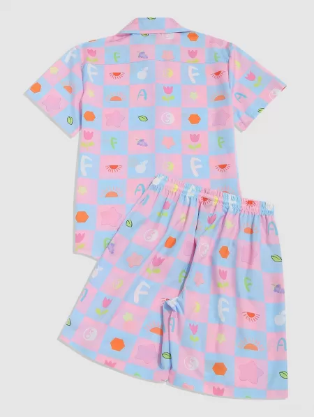 Floral Check Print Shirt And Shorts Two Piece Set