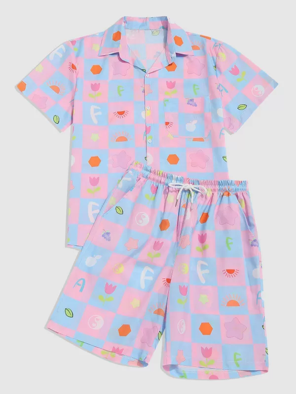 Floral Check Print Shirt And Shorts Two Piece Set