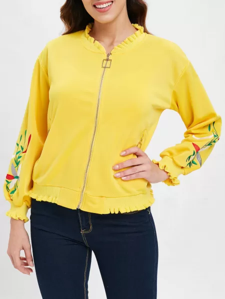 Floral Embroidered Ruffles Jacket With Zipper Fly