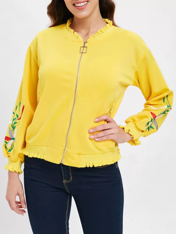 Floral Embroidered Ruffles Jacket With Zipper Fly