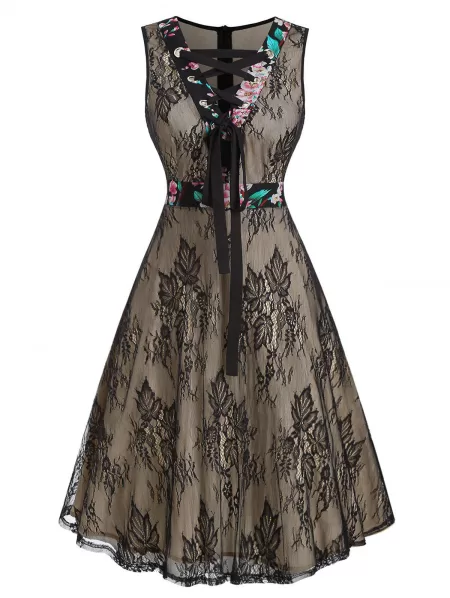 Floral Patch Lace Up Lace Sleeveless Dress