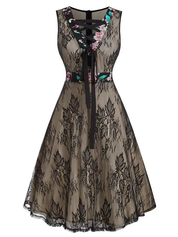 Floral Patch Lace Up Lace Sleeveless Dress
