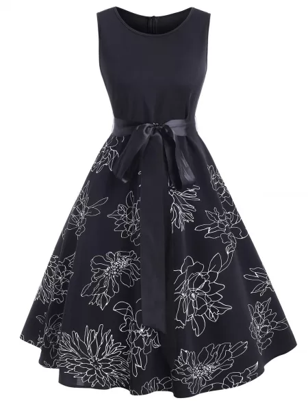 Floral Print Belted A Line Sleeveless Dress
