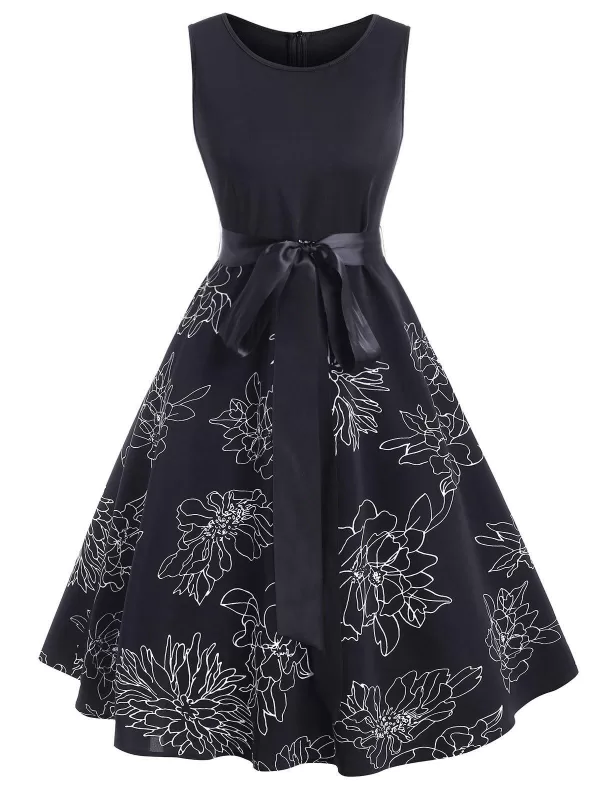 Floral Print Belted A Line Sleeveless Dress