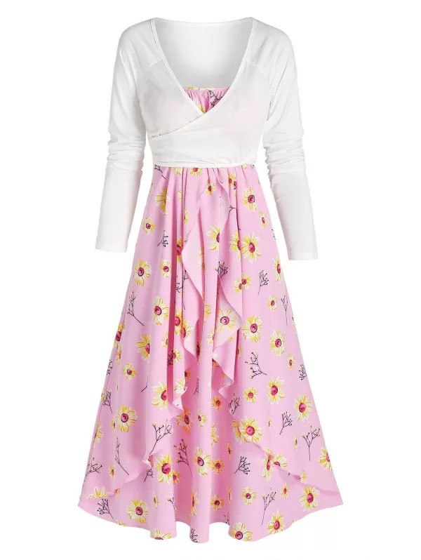 Floral Print Overlay Cami Dress And Knotted Crop Top