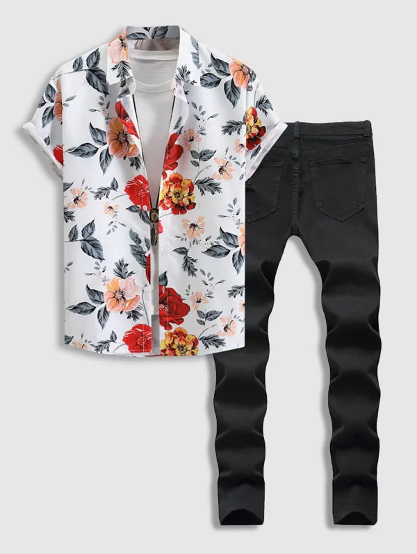 Floral Print Shirt And Frayed Ripped Jeans Set
