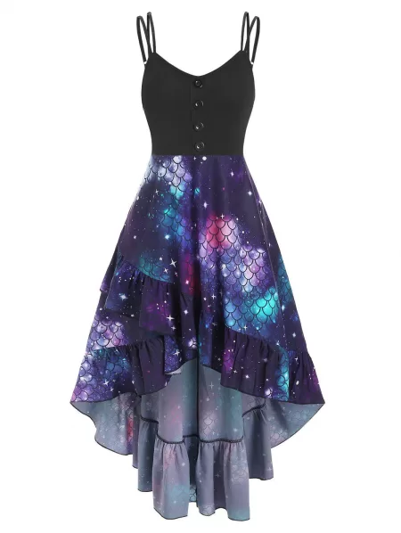 Flounce Sunflower Angel Scale Print High Low Mermaid Dress