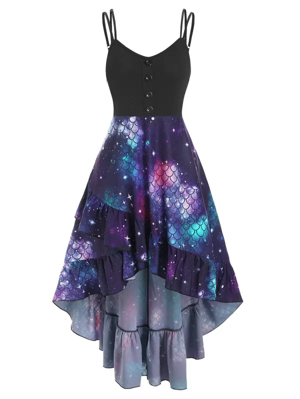 Flounce Sunflower Angel Scale Print High Low Mermaid Dress