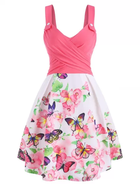 Flower Butterfly Print Mock Button Criss Cross Dress
