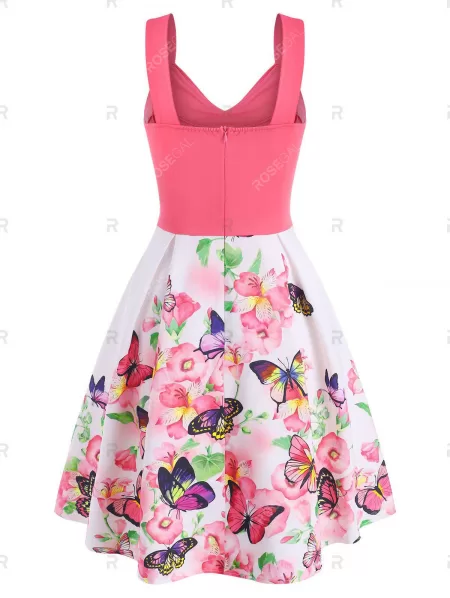 Flower Butterfly Print Mock Button Criss Cross Dress