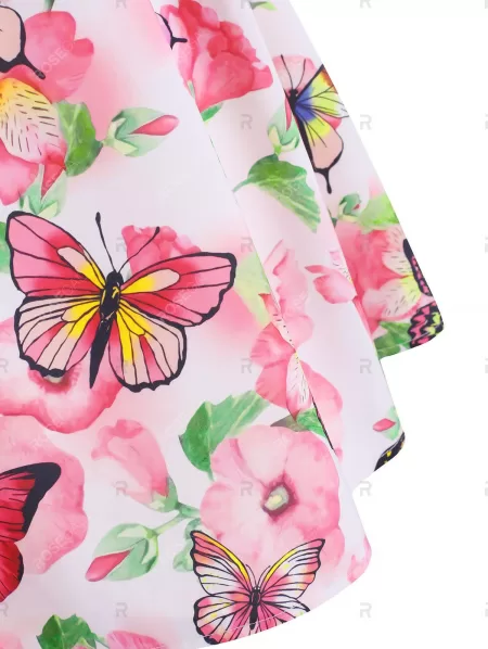 Flower Butterfly Print Mock Button Criss Cross Dress