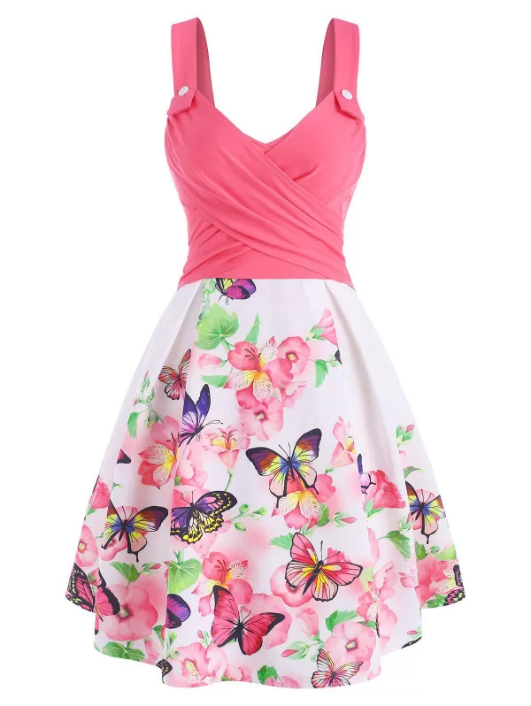 Flower Butterfly Print Mock Button Criss Cross Dress
