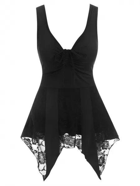 Flower Lace Insert Cinched Handkerchief Tank Top