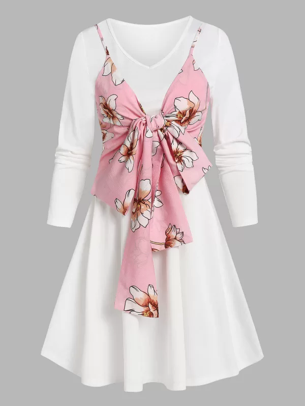 Flower Print Knot Front Long Sleeve Dress