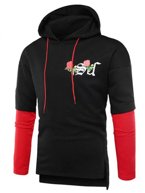 Flower Print Panel Long Sleeve Hoodie