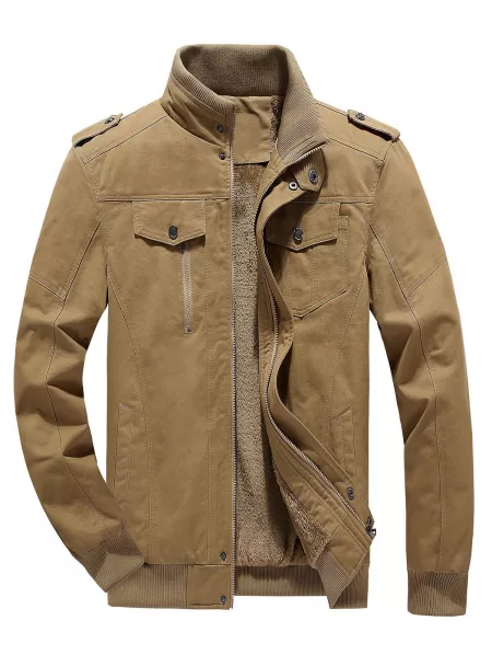 Fluffy Lined Warm Stand Collar Pockets Jacket