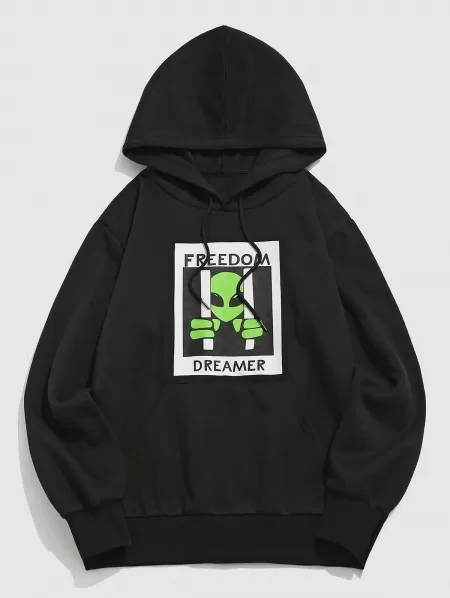 Freedom Dreamer Cartoon Alien Print Fleece-lined Hoodie