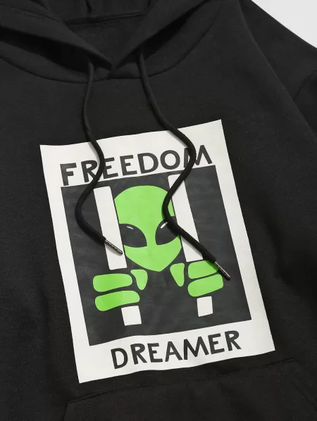 Freedom Dreamer Cartoon Alien Print Fleece-lined Hoodie