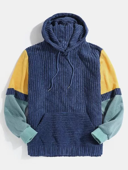 Front Pocket Colorblock Corduroy Hoodie