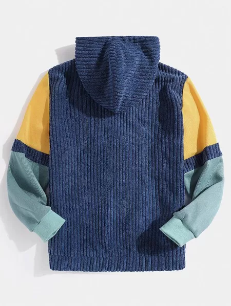 Front Pocket Colorblock Corduroy Hoodie