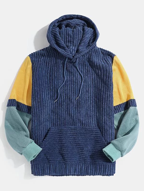 Front Pocket Colorblock Corduroy Hoodie