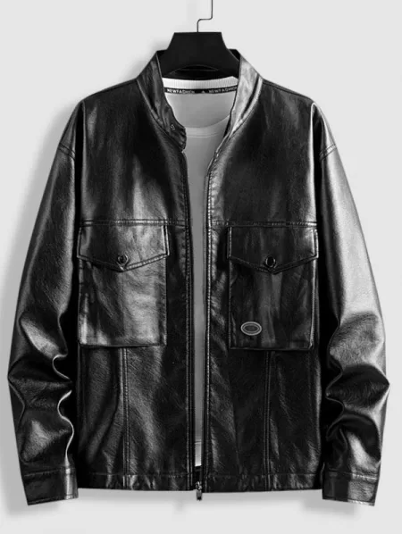 Front Pocket Tab Collar Faux Leather Zip Jacket