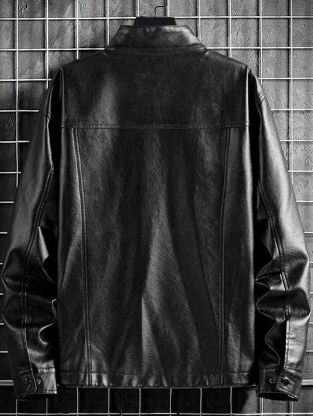 Front Pocket Tab Collar Faux Leather Zip Jacket