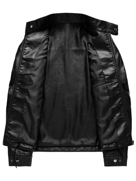 Front Pocket Tab Collar Faux Leather Zip Jacket