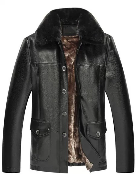 Fur Collar Fleece Button Fly Pu Leather Jacket