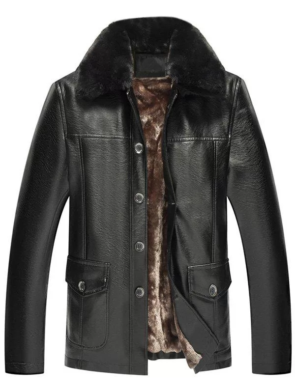 Fur Collar Fleece Button Fly Pu Leather Jacket