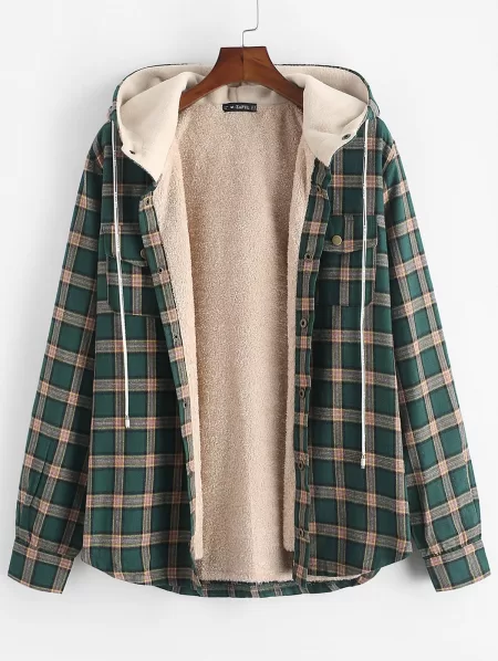 Fuzzy Flannel Plaid Chest Pocket Fleece Drawstring Hooded Jacket