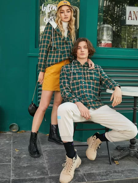 Fuzzy Flannel Plaid Chest Pocket Fleece Drawstring Hooded Jacket