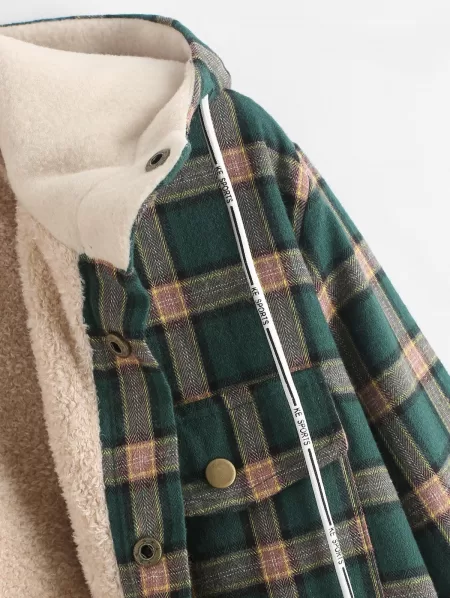Fuzzy Flannel Plaid Chest Pocket Fleece Drawstring Hooded Jacket
