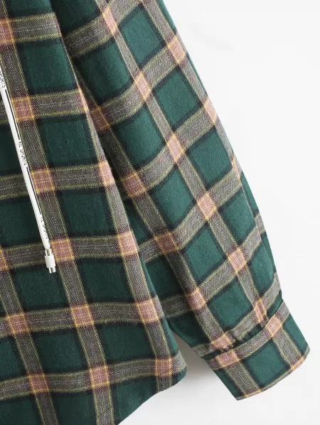 Fuzzy Flannel Plaid Chest Pocket Fleece Drawstring Hooded Jacket