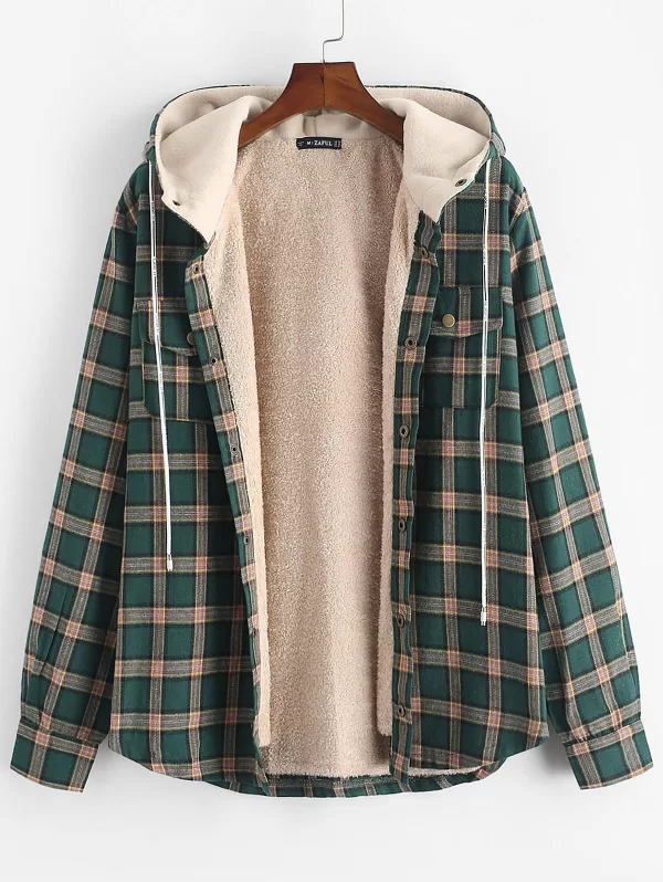 Fuzzy Flannel Plaid Chest Pocket Fleece Drawstring Hooded Jacket