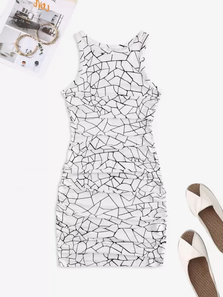 Geometric Ruched Bodycon Tank Dress