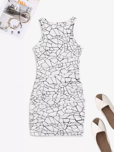 Geometric Ruched Bodycon Tank Dress