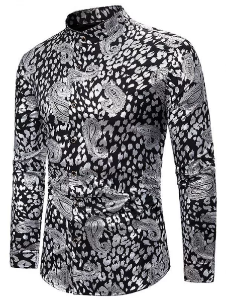 Gilding Paisley Print Long Sleeve Stand Collar Shirt