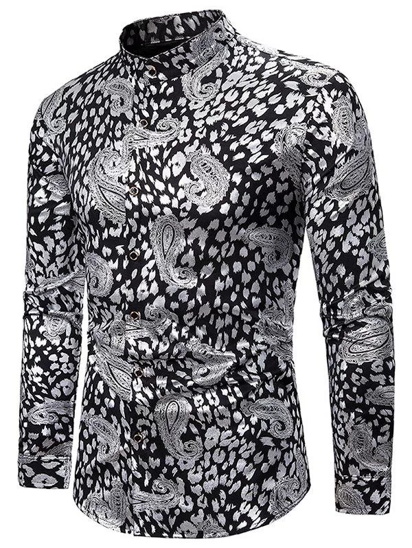 Gilding Paisley Print Long Sleeve Stand Collar Shirt