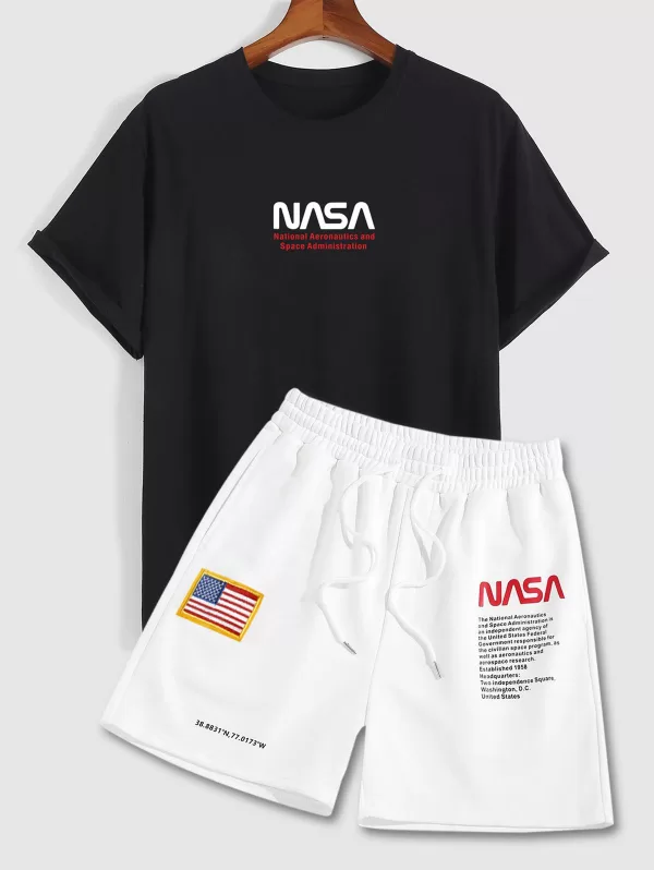 Graphic Short Sleeves Tee With American Flag Letter Sweat Shorts